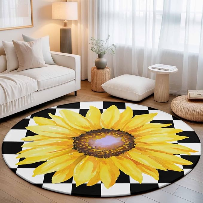 Washable Round Area Rug Watercolor Sunflower on Checkered Circle Rugs Floor Carpet for Living Room Bedroom, Yellow Black White Soft Non Slip Round Rug 5ft