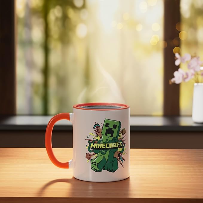 Minecraft Creeper Running From Explosion Ceramic Mug, Orange/White