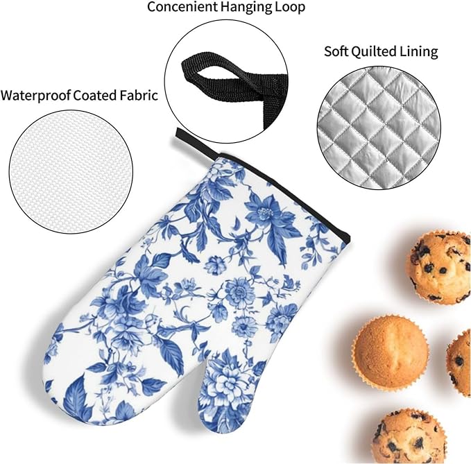 4 Pcs Blue and White Flower Oven Mitts and Potholders,Kitchen Oven Glove with Pot Holders,Non-Slip Gloves High Heat Resistant 500 Degree for BBQ, Grill, Baking, Cooking, Oven, Microwave