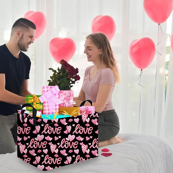Rectangular Black heart,Valentines Basket,baby Gift Basket Empty,Pink Gift baskets with Handle Organizer,Hearts Print easter Baskets,Girl Room Decor(Sweet love)