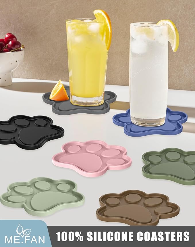ME.FAN Silicone Coasters 6 Pack Paw Cup Mat with Holder, Dog Cat Paw Shape, for Hot or Cold Drink, Non-Slip, Non-Stick, Room Decor, Housewarming Coffee