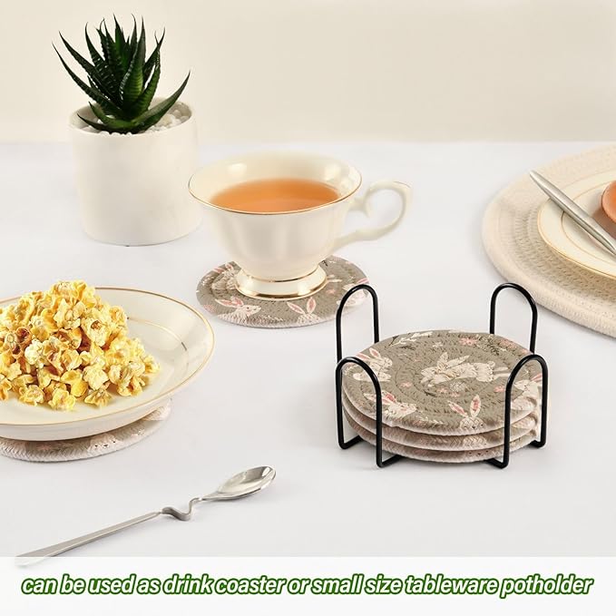 YETTASBIN Cute Bunny 6 Pcs Drink Coasters with Holder, Cotton Woven Absorbent Heat-Resistant Round Coaster Non-Slip Table Mat for Kitchen Bar Home Decor Housewarming Gift, 3.9 in