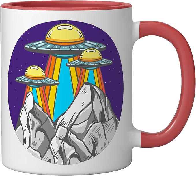 UFO Mountains Retro Spaceship Alien ET Space Galaxy Gift Ceramic Mug, Red/White