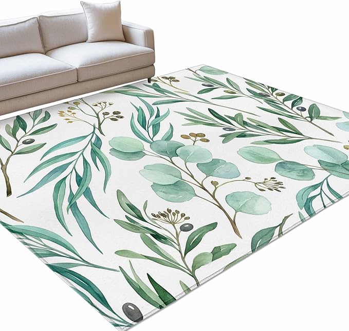 Area Rug 9x12ft, Watercolor Eucalyptus Leaves Washable Rugs for Living Room Bedroom Rectangle Floor Carpet, Spring Green Foliage Branch Soft Non-Slip Area Rugs for Dining Room