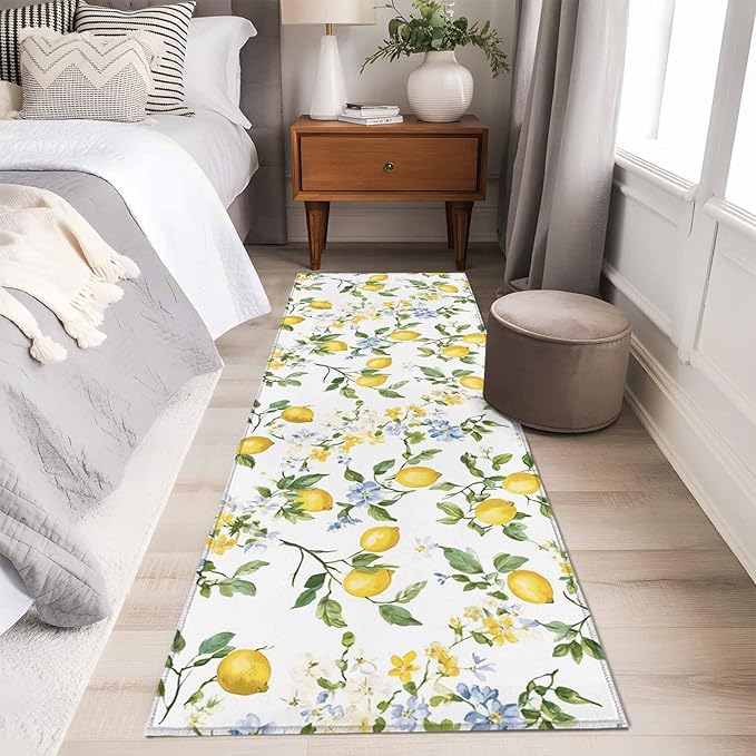 Runner Rug for Bedroom Hallway, Summer Watercolor Lemon Flower Kitchen Runner Rugs Area Rug 2x6ft, Spring Farm Fruit Green Leaf Washable Soft Floor Carpet for Entryway Stair