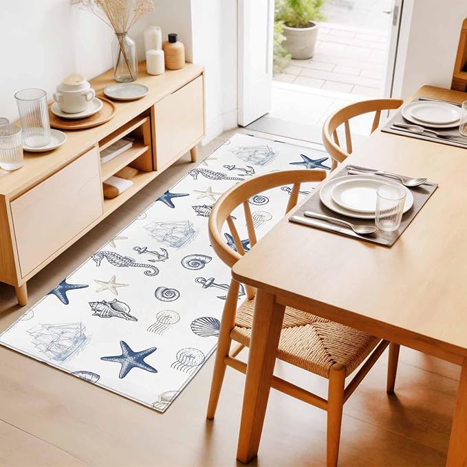 Runner Rug for Bedroom Hallway, Ocean Starfish Seahorse Shell Conch Kitchen Runner Rugs Area Rug 2x6ft, Nautical Compass Anchor Washable Soft Floor Carpet for Entryway Stair
