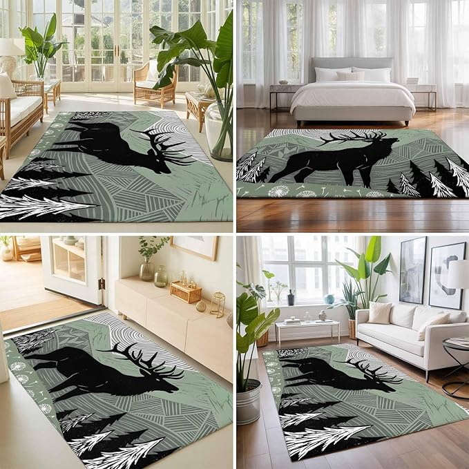 Area Rug 9x12ft, Black Wildlife Elk Washable Rugs for Living Room Bedroom Rectangle Floor Carpet, Bohemian Green Mountain Peaks Soft Non-Slip Area Rugs for Dining Room
