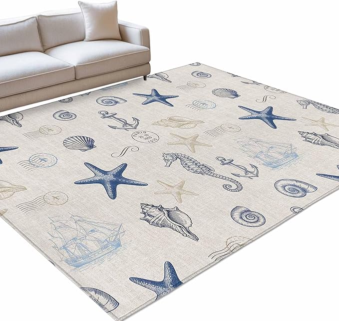 Area Rug 8x10ft, Coastal Seahorse Starfish Shell Conch Washable Rugs for Living Room Bedroom, Vintage Nautical Anchor Soft Non-Slip Area Rugs Rectangle Floor Carpet for Dining Room