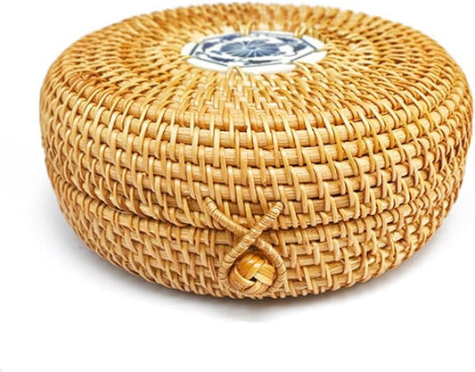 Rattan Box with Lid: Blue-and-White Porcelain Decorative Rattan Storage Box, Hand-Woven Wicker Storage Basket with Lid, for Sundries Tea Case Picnic Food Containers (Round 1, 6.89in*6.89in*2.76in)