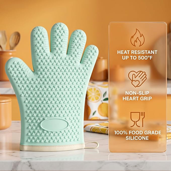 2Pack Heat Resistant Oven Mitts for Grilling and Baking, Non-Slip Silicone Gloves, Waterproof Kitchen Mitts with Flexible Fit & Easy to Clean Design, Green