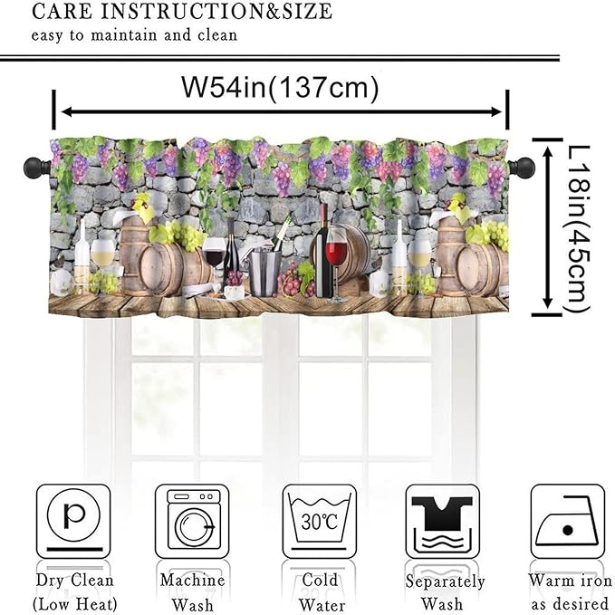 Wine Kitchen Valance, Vineyard Harvest Grapevine Wine Barrel Farmhouse Spring Summer Short Window Drapes for Dining Resturant Party Outdoor Garden Decor, 54x18Inch