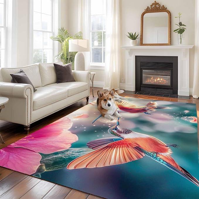 Area Rug 6x9ft, Spring Hummingbird Pink Petals Flowers Washable Rugs for Living Room Bedroom, Dreamlike Animal Focus Scenery Soft Non-Slip Area Rugs Rectangle Floor Carpet for Dining Room