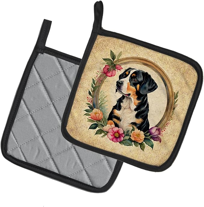 Caroline's Treasures Entlebucher Mountain Dog and Flowers Pair of Pot Holders Kitchen Heat Resistant Pot Holders Sets Oven Hot Pads for Cooking Baking BBQ, 7 1/2 x 7 1/2