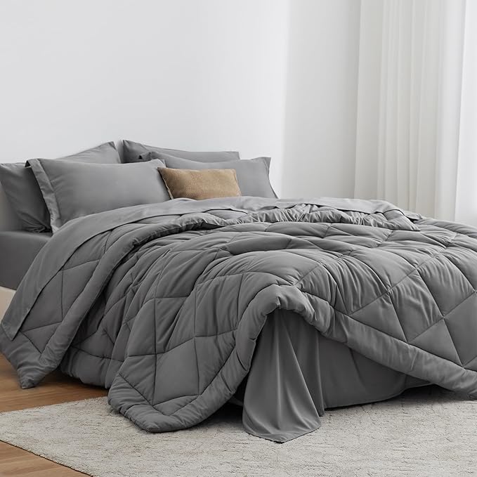 Love's cabin California King Comforter Set Grey, 7 Pieces California King Bed in a Bag, All Season Bedding Sets with 1 Comforter, 1 Flat Sheet, 1 Fitted Sheet, 2 Pillowcase and 2 Pillow Sham | Soft, Breathable, Lightweight, Comfortable