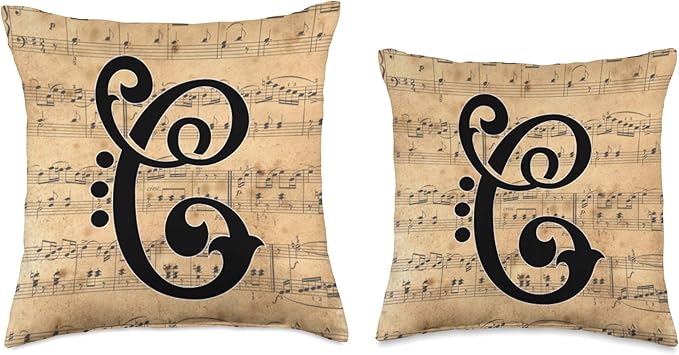 Monogram Initial of Capital Letter C on Vintage Sheet Music Throw Pillow