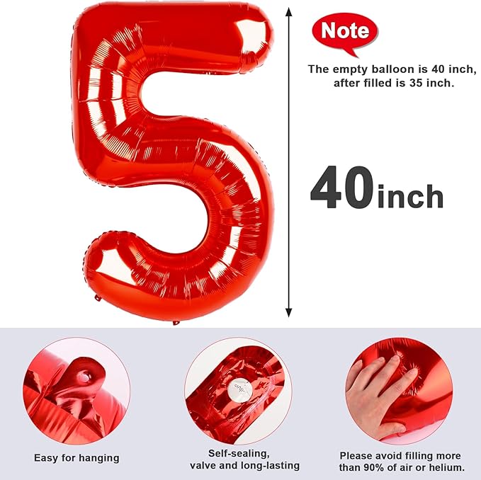 5 Numbers Balloon Birthday Decorations for Women Men, Number Balloons 40 In, Red Birthday Party Decorations Big Balloons for 15 25 35 Wedding, Celebration Party, Graduations