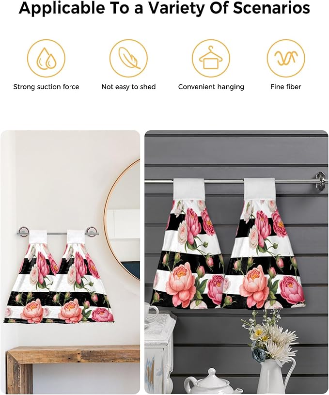 Alandar Home Kitchen Tie Towel Set of 1, Country Pink Rose Flowers Absorbent Soft Hand Towels for Bathroom Hanging Towels, Floral on Black White Striped Fast Drying Cleaning Cloth with Loop