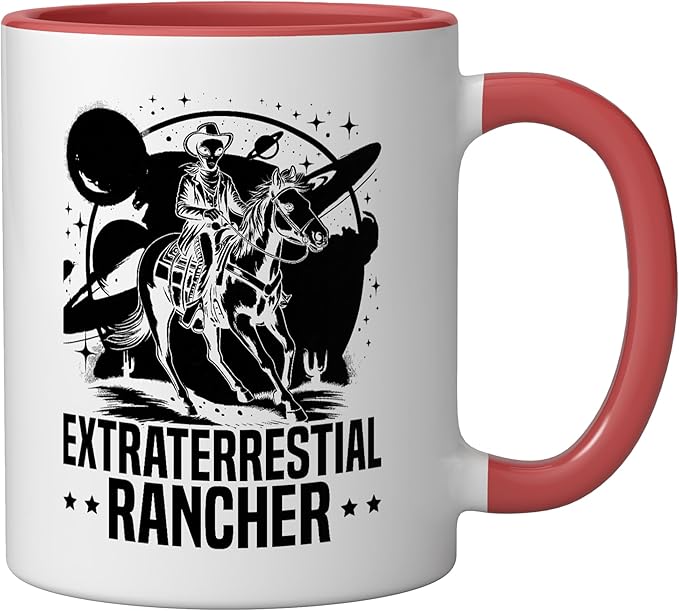 Alien Lover Flying Saucer UFO Extraterrestrial Cowboy Ceramic Mug, Red/White