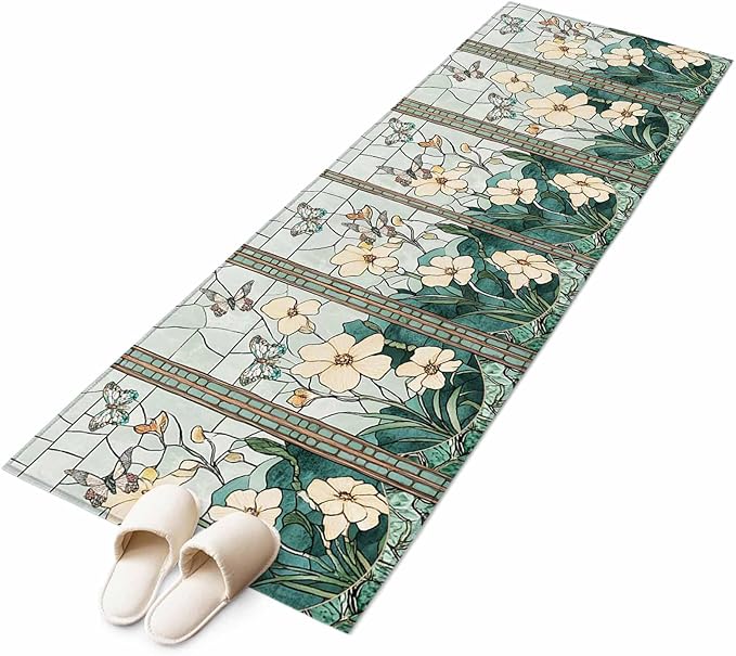 Runner Rug for Bedroom Hallway, Spring Flower Colorful Butterfly Kitchen Runner Rugs Area Rug 2x6ft, Vintage Green Plant Washable Soft Floor Carpet for Entryway Stair