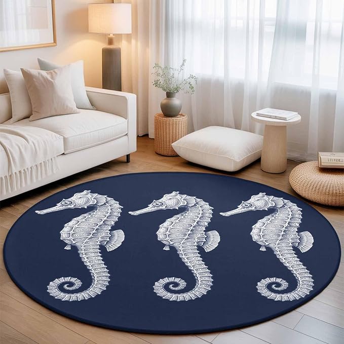 Washable Round Area Rug Ocean Life Seahorse Navy Blue Circle Rugs Floor Carpet for Living Room Bedroom, Summer Nautical Theme Soft Non Slip Round Rug 3ft