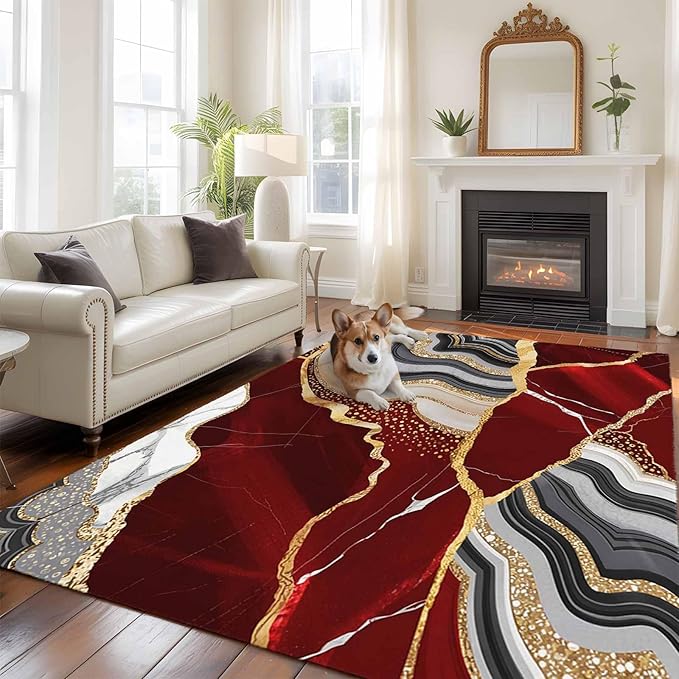 Area Rug 6x9ft, Abstract Flowing Marble Fluid Art Washable Rugs for Living Room Bedroom, Red and Gold Lines Soft Non-Slip Area Rugs Rectangle Floor Carpet for Dining Room