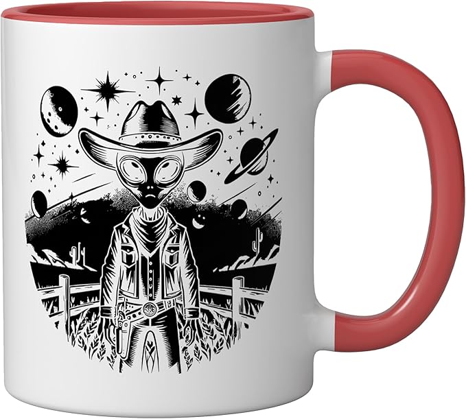 Alien Lover Flying Saucer UFO Extraterrestrial Cowboy Ceramic Mug, Red/White