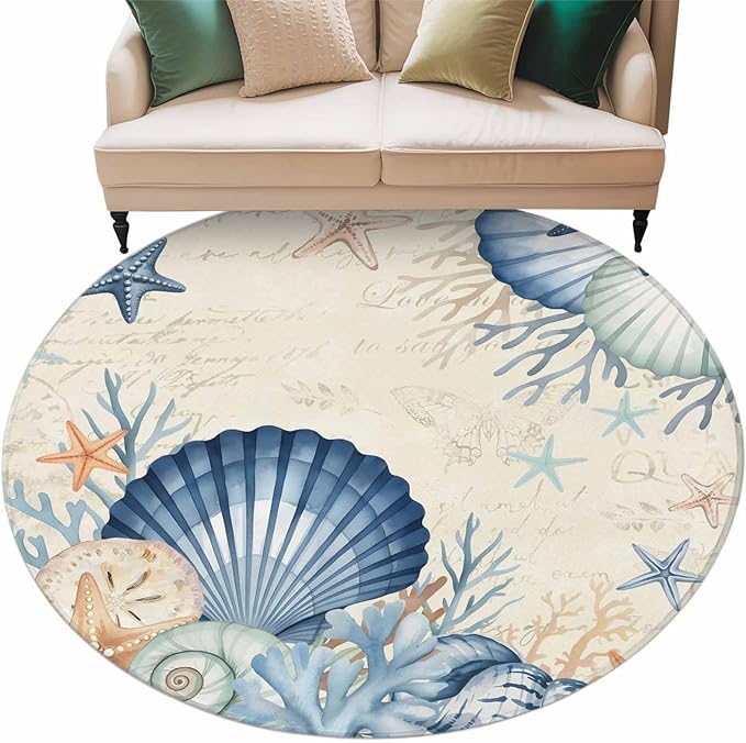 Washable Round Area Rug Summer Blue Shells Starfish Circle Rugs Floor Carpet for Living Room Bedroom, Vintage Coral Shells Fish Soft Non Slip Round Rug 5ft