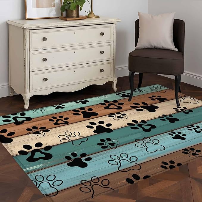 Area Rug 3x5ft, Farm Brown Wood Board Washable Rugs for Living Room Bedroom, Dog Paw Print Animal Footprint Soft Non-Slip Area Rugs Rectangle Floor Carpet for Dining Room