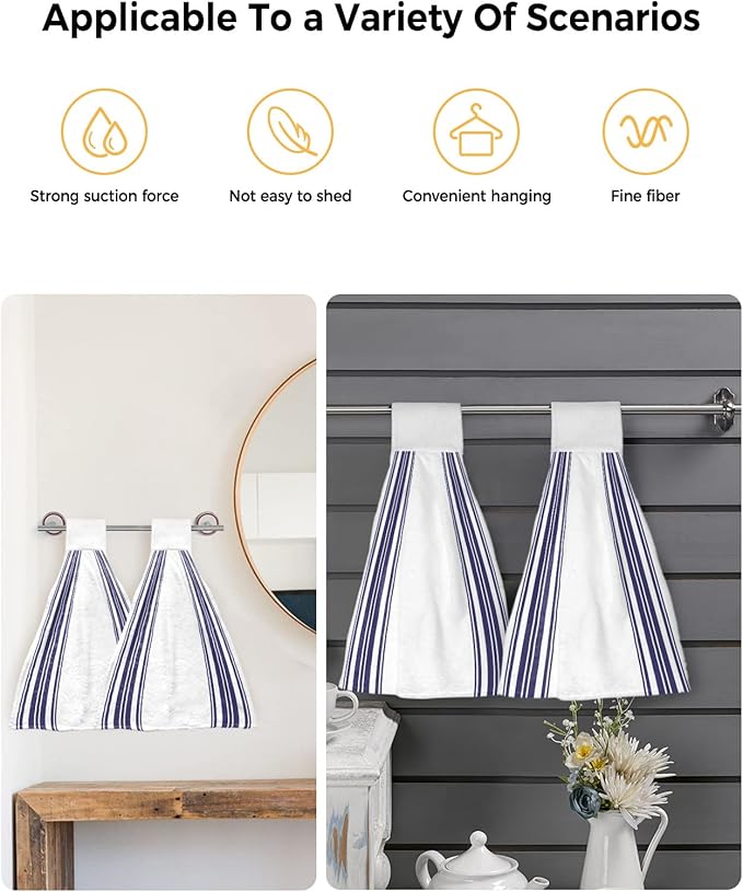 Alandar Home Kitchen Tie Towel Set of 1, Navy Blue Vertical Stripes Absorbent Soft Hand Towels for Bathroom Hanging Towels, Nautical Lines Art Fast Drying Cleaning Cloth with Loop