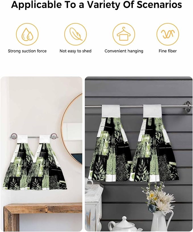 Alandar Home Kitchen Tie Towel Set of 1, Boho Abstract Geometric Texture Absorbent Soft Hand Towels for Bathroom Hanging Towels, Summer Leaves Black Green Fast Drying Cleaning Cloth with Loop