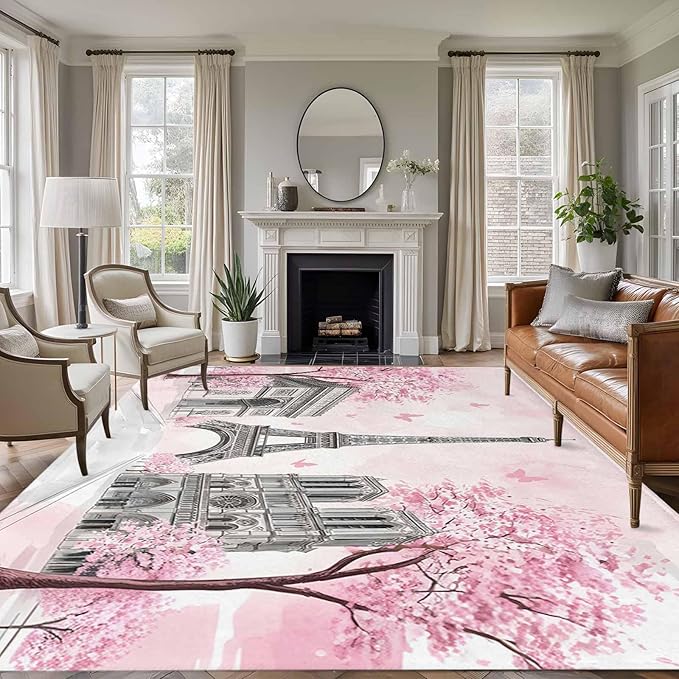 Area Rug 8x10ft, Modern Pink Flower Paris Landmarks Washable Rugs for Living Room Bedroom, Towel Architecture Soft Non-Slip Area Rugs Rectangle Floor Carpet for Dining Room