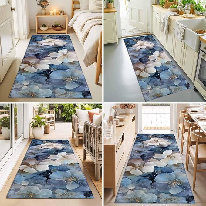 Runner Rug for Bedroom Hallway, Watercolor White Navy Blue Floral Foliage Kitchen Runner Rugs Area Rug 2x6ft, Abstract Flower Washable Soft Floor Carpet for Entryway Stair