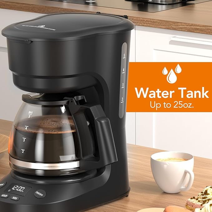 Electactic 5-Cup Drip Coffee Maker, a compact coffee machine with a digital clock and 24-hour programmable timer, featuring Auto Shut-Off, and a Removable Filter Basket for Home & Office-Deep Black
