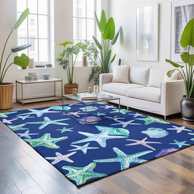 Area Rug 8x10ft, Summer Starfish Shell Conch Washable Rugs for Living Room Bedroom, Marine Creature on Blue Soft Non-Slip Area Rugs Rectangle Floor Carpet for Dining Room