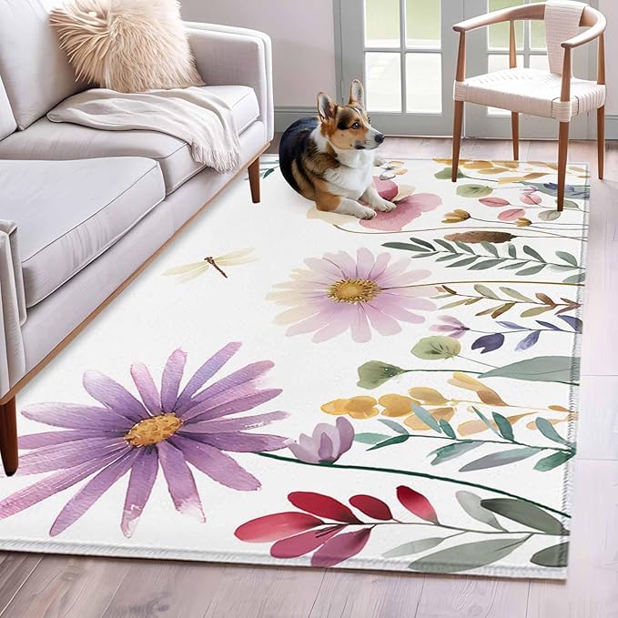 Area Rug 4x6ft, Country Field Purple Flowers Washable Rugs for Living Room Bedroom, Farm Floral Art Soft Non-Slip Area Rugs Rectangle Floor Carpet for Dining Room