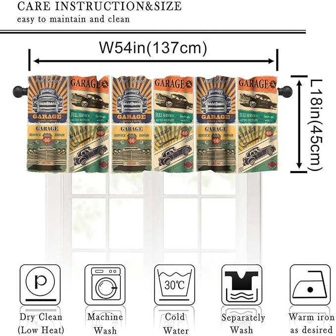 Cars Valance Curtain Vintage Car Stall Retro Garage Repair Shop Rod Pocket Valance Window Treatments Short Curtains for Kitchen Bathroom Farmhouse Living Room Decor 54x18inch
