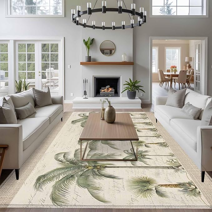 Area Rug 9x12ft, Coastal Tropical Olive Green Palm Trees Washable Rugs for Living Room Bedroom Rectangle Floor Carpet, Classic Retro Linen Soft Non-Slip Area Rugs for Dining Room