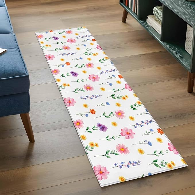 Runner Rug for Bedroom Hallway, Watercolor Farmhouse Flower Kitchen Runner Rugs Area Rug 2x6ft, Yellow Pink Purple Blue Floral Washable Soft Floor Carpet for Entryway Stair