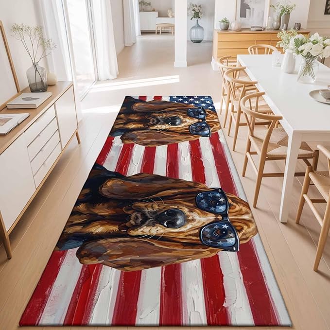 Runner Rug for Bedroom Hallway, Independence Day USA Flag Kitchen Runner Rugs Area Rug 2x6ft, Basset Hound Patriotic Sunglasses Washable Soft Floor Carpet for Entryway Stair