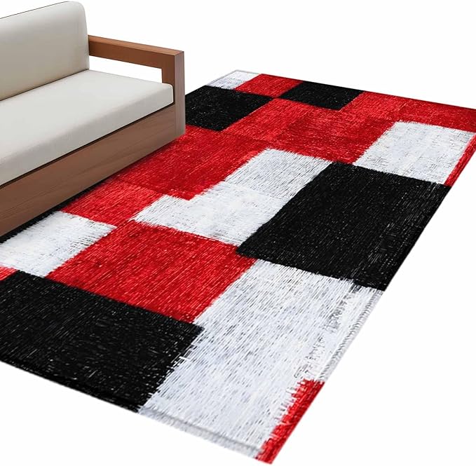 Area Rug 4x6ft, Red Black White Gradient Washable Rugs for Living Room Bedroom, Abstract Color Block Soft Non-Slip Area Rugs Rectangle Floor Carpet for Dining Room