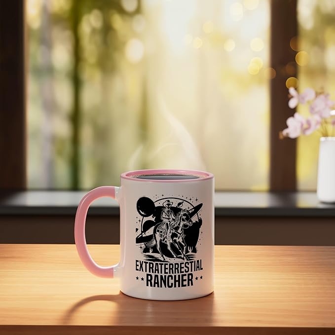 Alien Lover Flying Saucer UFO Extraterrestrial Cowboy Ceramic Mug, Pink/White