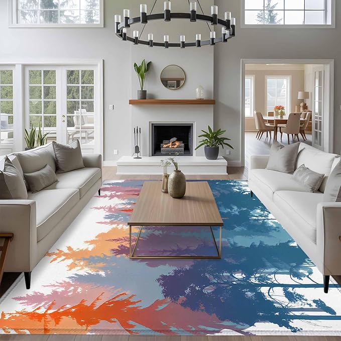 Area Rug 6x9ft, Abstract Trees Forest Silhouette Washable Rugs for Living Room Bedroom, Natural Scene Plants Soft Non-Slip Area Rugs Rectangle Floor Carpet for Dining Room
