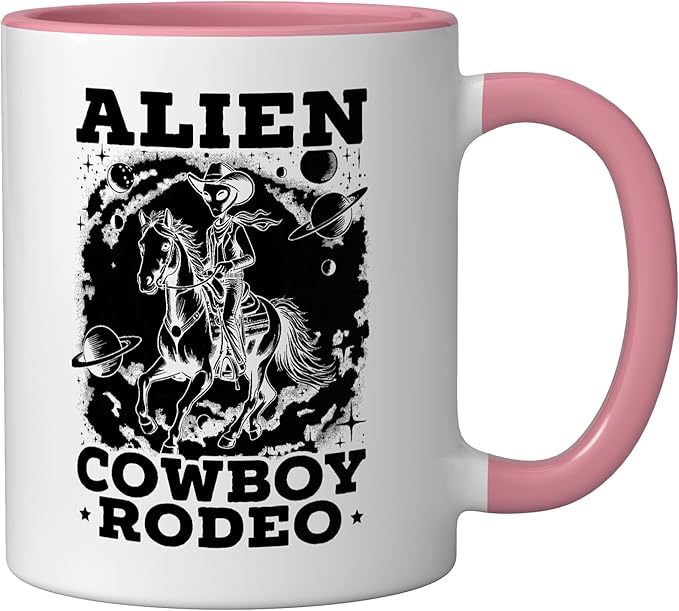 Alien Lover Flying Saucer UFO Extraterrestrial Cowboy Ceramic Mug, Pink/White