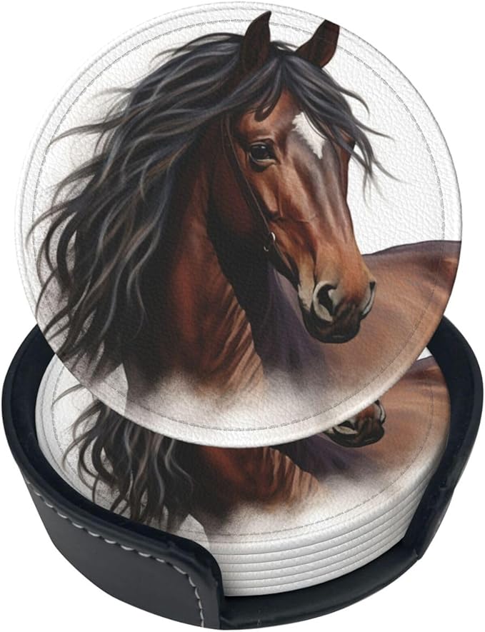 Famame 6 Pcs Handsome Brown Horse Leather Coasters for Drinks with Holder Coaster Sets Drink Table Cup Coasters for Living Room Kitchen Coffee Decor