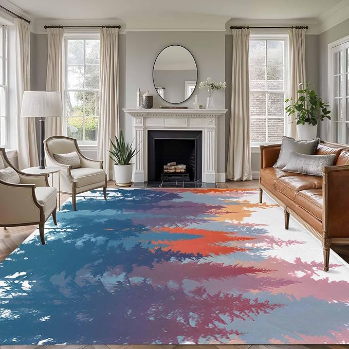 Area Rug 6x9ft, Abstract Trees Forest Silhouette Washable Rugs for Living Room Bedroom, Natural Scene Plants Soft Non-Slip Area Rugs Rectangle Floor Carpet for Dining Room