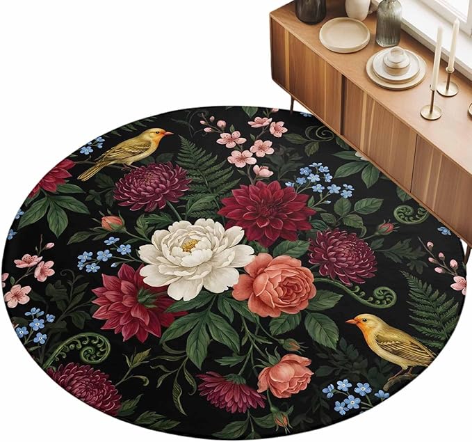 Washable Round Area Rug Pastoral Colorful Flower Leaf Circle Rugs Floor Carpet for Living Room Bedroom, Country Blossom Floral Bird Soft Non Slip Round Rug 5ft