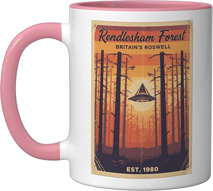 Rendlesham Forest UFO Alien Vintage UK Flying Saucer Ceramic Mug, Pink/White