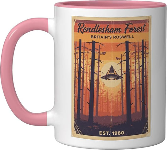 Rendlesham Forest UFO Alien Vintage UK Flying Saucer Ceramic Mug, Pink/White