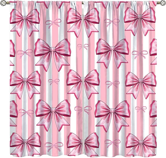 Pink Bowknot Blackout Curtain,Girls Kids Cute Bow Stripe Abstract Window Treatment Curtains Dining Room Living Room Kitchen Cafe Bedroom Office Nursery Drapes,42x45 in
