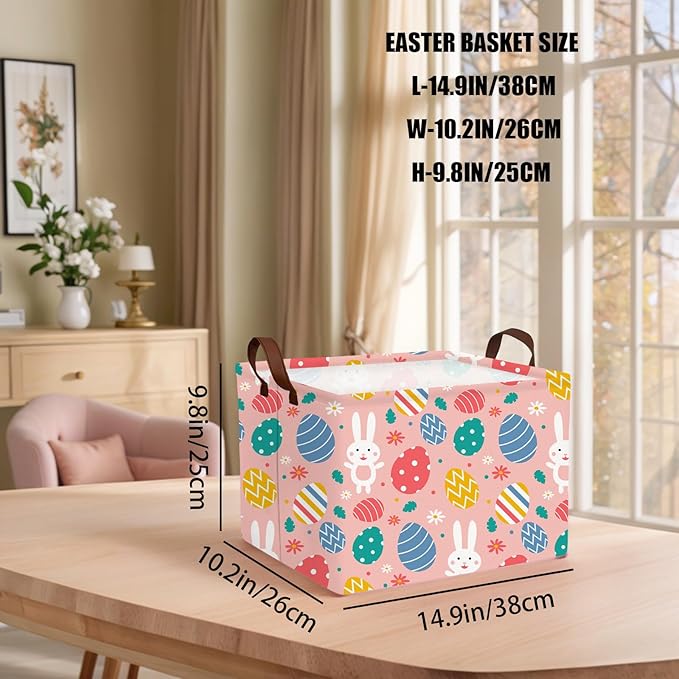 Kid Large Empty Easter Basket Gift Personalized Fabric Bunny Easter Basket for Boy and Girl Room Decor Storage Bin (Rabbit Easter Egg Pink Flower)